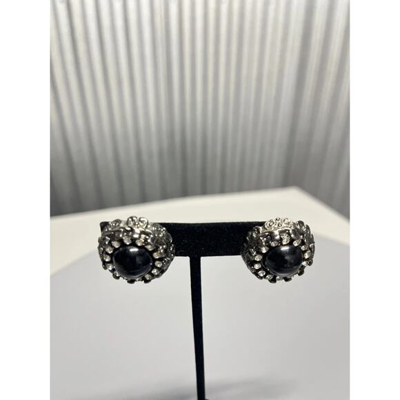 Black Rhinestone Stud Earrings Vintage Cluster Dome Round Sparkle Glam - Picture 5 of 9